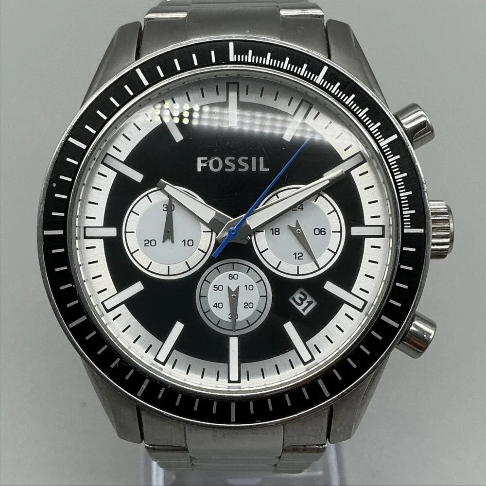 Fossil BQ1256 Mens Watch 44mm Black Dial Chronograph Date New Battery 6.5